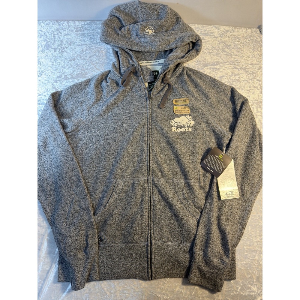 Roots Womens XL Hoodie NWT Gray Organic Cotton Classic Fit Full Zip Logo